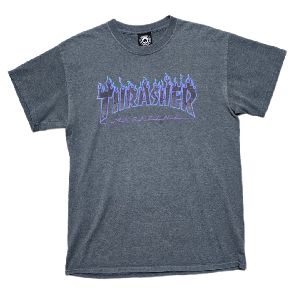 VTG Thrasher Skateboard Magazine T-Shirt Mens Medium Blue Flame Grunge‎